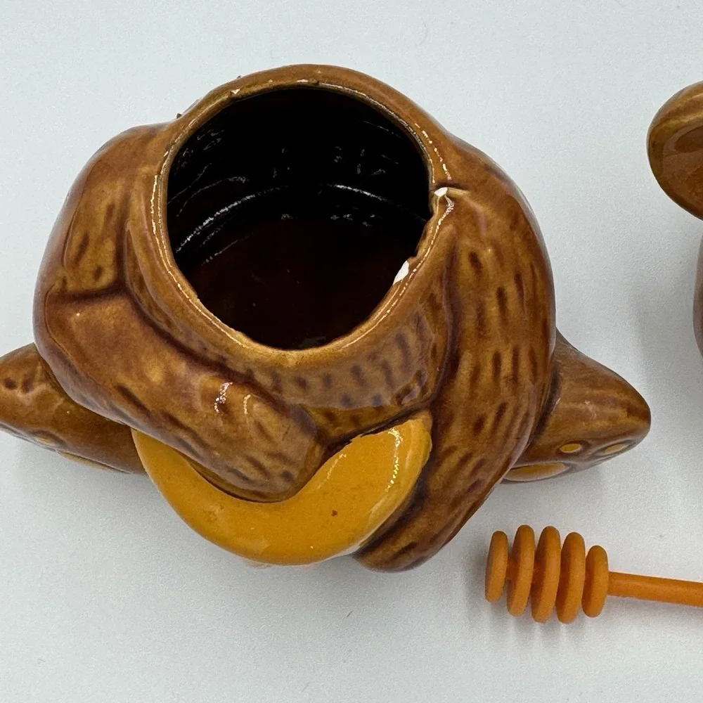 Vintage Brown Ceramic Teddy Bear Honey Pot Jar‎ with Dipper